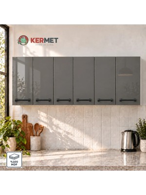 Kermet Home Kermethome 180 cm %100 Mdf Mutfak Üst Dolabı 6 Kapaklı Raflı Haki Gri