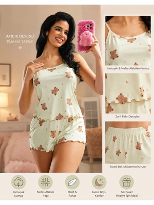 Ruselin Ayıcık Desenli Askılı Şortlu Pijama Takımı Yumuşak Kumaş