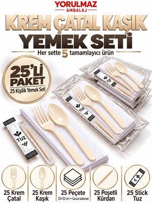 Yorulmaz Ambalaj Lüks Krem Çatal Kaşık Yemek Seti 25 Kişilik – 33×33 cm Garson Katlamalı Peçete, Poşetli Kürdan ve Stick Tuz