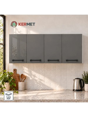Kermet Home Kermethome 120 cm %100 Mdf Mutfak Üst Dolabı 4 Kapaklı Raflı Haki Gri