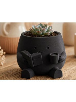 Luord-Store 3D Baskı Kitap Okuyan Saksı - Kupa Tutan Sevimli Saksı-Siyah