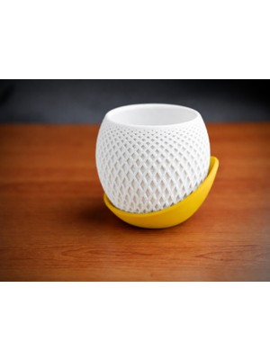 Luord-Store 3D Baskı Küre Saksı - Kafes Dokulu Iki Parçalı Dekoratif Saksı - Beyaz-Sarı