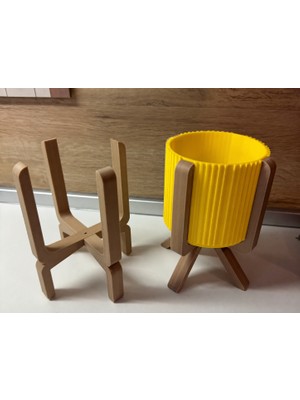 Luord-Store 3D Baskı Ayaklı Çizgili Saksı - Bej Standlı Dekoratif Saksı - Sarı