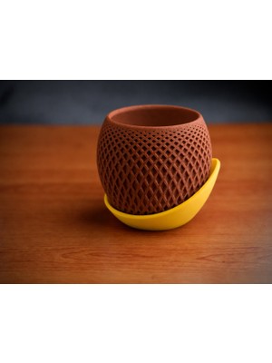 Luord-Store 3D Baskı Küre Saksı - Kafes Dokulu Iki Parçalı Dekoratif Saksı - Kahverengi-Sarı