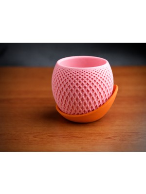 Luord-Store 3D Baskı Küre Saksı - Kafes Dokulu Iki Parçalı Dekoratif Saksı - Pembe-Turuncu