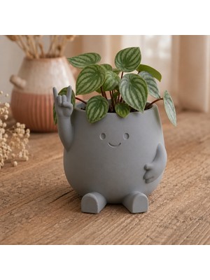 Luord-Store 3D Baskı Smiley Face Planter - Gülümseyen Karakterli Saksı-Gri