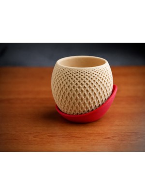 Luord-Store 3D Baskı Küre Saksı - Kafes Dokulu Iki Parçalı Dekoratif Saksı - Bej-Kırmızı