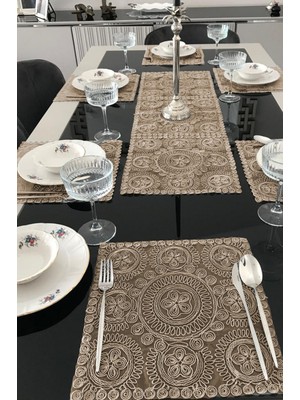 Luord-Store Fransız Dantelli Runner Supla Takımı (1 Runner, 6 Supla) Kapuçino