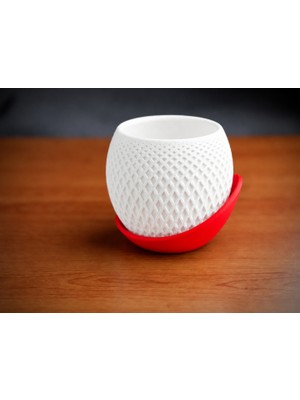 Luord-Store 3D Baskı Küre Saksı - Kafes Dokulu Iki Parçalı Dekoratif Saksı - Beyaz-Kırmızı