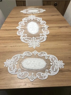 Luord-Store Salon Oda Takımı Dantelli Runner Set Üç Parça