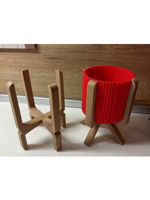 Luord-Store 3D Baskı Ayaklı Çizgili Saksı - Bej Standlı Dekoratif Saksı - Kırmızı