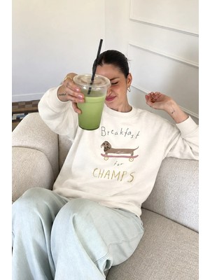 Monila Kadın Premium Kumaş 3 Iplik Şardonlu Baskılı Sweatshirt