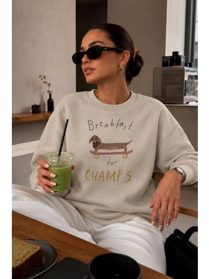 Monila Kadın Premium Kumaş 3 Iplik Şardonlu Baskılı Sweatshirt