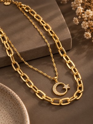 Serelya Gold Renk Pirinç Ay Yıldız Model Kombin Kadın Kolye