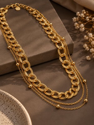 Serelya Gold Renk Pirinç Zincir Model Kombin Kadın Kolye
