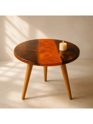 Etiler Home El Yapımı Epoksi ve Ceviz Ağacı Yuvarlak Sehpa – Turuncu, Ahşap Ayaklı