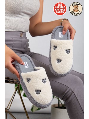 Albishoes Unisex Kadın Ayıcık Desen Pofuduk Çeyiz Bohça Ev Terliği Ses Yapmaz Kaymaz Taban Ev Terlik