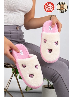 Albishoes Unisex Kadın Ayıcık Desen Pofuduk Çeyiz Bohça Ev Terliği Ses Yapmaz Kaymaz Taban Ev Terlik