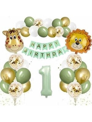 Safari Temalı 1 Yaş Doğum Günü Balon Seti, Aslan Zürafa Folyo Balon, Rakam Balon, Happy Birthday Pankartı