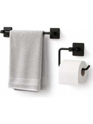 Happy Trend 2'li Siyah Banyo Aksesuar Seti, Uzun Havluluk ve Wc Tuvalet Kağıtlığı, Hem Yapışkanlı Hem Vidalı Montajlı, Mat Siyah Statik Boyalı Banyo Seti
