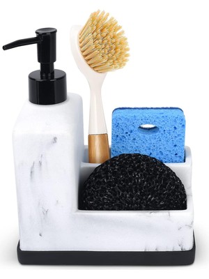 Happy Trend Sünger Tutuculu Bulaşık Sabunluğu, Beyaz Mermer Görünümlü Sıvı El ve Bulaşık Sabunu Dispenseri ve Fırça Tutuculu Sünger Caddy 3'ü 1 Arada Mutfak Lavabo ve Banyo Için Tezgah Düzenleyici, Beyaz
