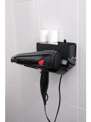 Happy Trend Siyah Metal Yapışkanlı Saç Kurutma Askısı, Yapışkanlı Banyo Düzenleyici Organizer Fön Makinelik MT83S