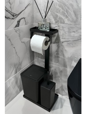Happy Trend 1 Arada Banyo Seti Tuvalet Kağıtlık, Çöp Kovası ve Tuvalet Fırça Takımı (Mat Siyah)