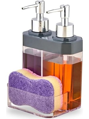 Happy Trend Home 2 Bölmeli Sıvı Sabunluk & Süngerlik – Bulaşık Deterjanı ve El Sabunu Için Çift Hazneli, Entegre Süngerlik Bölmeli, Tezgah Üstü Pratik Sabunluk Tezgah Düzenleyici (Gri)