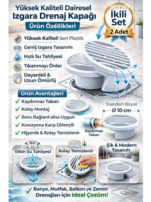 Happy Trend Li Yuvarlak Gider Süzgeci ve Koku Önleyici Kapak, Banyo, Mutfak, Duş ve Zemin Giderlerinde Kullanıma Uygun, 10 cm Çap, Dayanıklı Plastik, Saç ve Atık Tutucu Izgaralı Tasarım, Kolay Temizlik