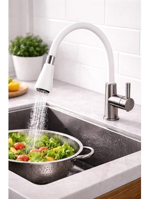 Happy Trend Esnek Silikon Musluk Başlığı, Kıvrılabilir ve Oynar Başlıklı, Renkli Musluk Uzatma Aparatı, Mutfak ve Banyo Bataryaları Için Ayarlanabilir Su Yönlendirici 52 cm (Beyaz)