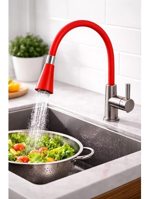 Happy Trend Esnek Silikon Musluk Başlığı, Kıvrılabilir ve Oynar Başlıklı, Renkli Musluk Uzatma Aparatı, Mutfak ve Banyo Bataryaları Için Ayarlanabilir Su Yönlendirici 52 cm (Kırmızı)