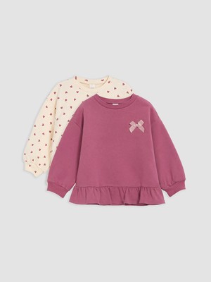 Lc Waikiki Yeni Sezon Ekru Baskılı Fırfırlı Kız Çocuk Sweatshirt 2'li