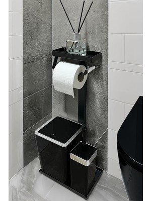 Happy Trend 1 Arada Banyo Seti Tuvalet Kağıtlık, Çöp Kovası ve Tuvalet Fırça Takımı (Krom Siyah)