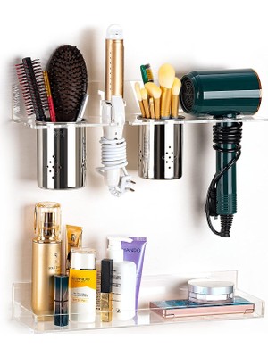 Happy Trend 2'li Set, Akrilik Saç Kurutma Makinesi Tutucu, Banyo Makyaj Düzenleyici, Saç Maşası, Sıcak Aletler, Fön Makinesi ve Makyaj Ürünleri Için Saklama