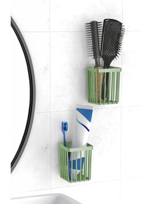 Happy Trend 2'li Set Yapışkanlı Diş Fırçalık, Saç Fırçası Tarak Düzenleyici, Banyo Düzenleyici Banyo Rafı Haki