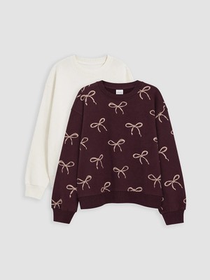 Lc Waikiki Yeni Sezon Bordo Baskılı Kız Çocuk Kalın Sweatshirt 2'li