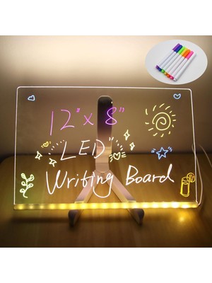 Happy Trend Işıklı Akrilik Yazı Tahtası – 20X20 cm Şeffaf Masaüstü Not Panosu, USB Bağlantılı, 7 Renkli Kalem ve Stand Dahil, Çocuklar Için Eğlenceli Yazı Tahtası, Masa Dekoratif Ledli Işık Panosu (20X20 Cm)