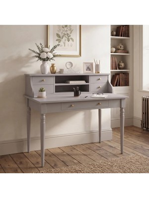 Wooding Mobilya 110 cm 5 Çekmeceli Gri Raflı Tornalı Masif Çalışma Masası