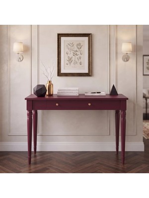 Wooding Mobilya 110 cm Çekmeceli Bordo Tornalı Masif Çalışma Masası
