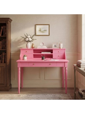 Wooding Mobilya 110 cm 5 Çekmeceli Pembe Raflı Tornalı Masif Çalışma Masası
