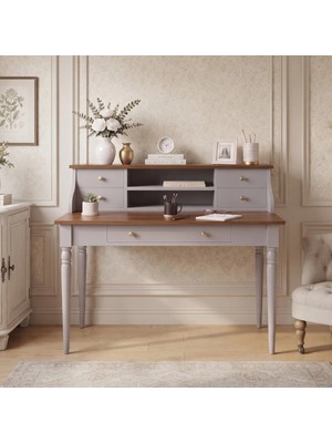 Wooding Mobilya 110 cm 5 Çekmeceli Gri Ceviz Raflı Tornalı Masif Çalışma Masası