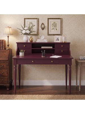Wooding Mobilya 110 cm 5 Çekmeceli Bordo Raflı Tornalı Masif Çalışma Masası