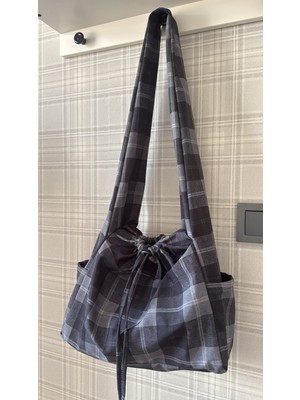 Mute Bag Su Geçirmez Tote Bag / Çapraz Kullanıma Uygun Ekose Okul Omuz Çantası (50*30)
