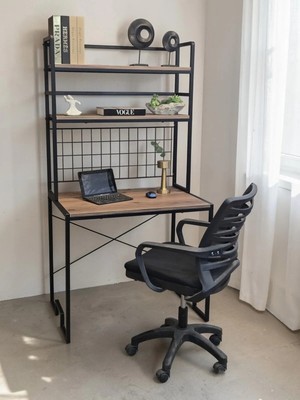 Dekoratif 2 Raflı Metal Çalışma Masası Ahşap Raflı Kitaplık Bilgisayar ve Laptop Masası