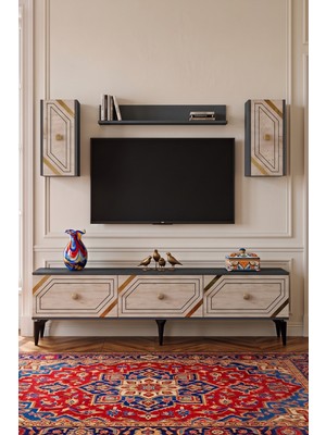 Yumedi Design TVRB8003ATG - Deniz Tv Ünitesi Takımı 180CM Antrasit-Traverten-Gold