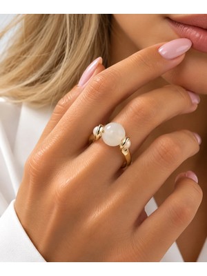 Hector&Co. Jewellery Gold Renk Kenarları Inci Detaylı Beyaz Taşlı Zarif Kadın Yüzük