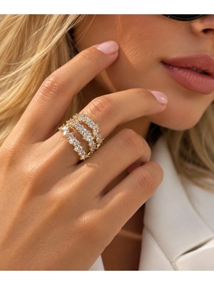 Hector&Co. Jewellery Gold Renk Zirkon Taşlı Swa Tarz Çok Sıralı Gösterişli Kadın Yüzük