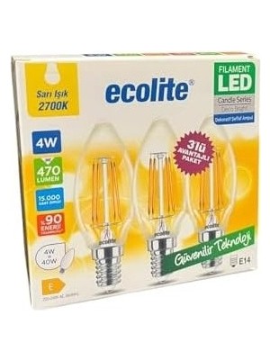 Prime 4W LED Filament Mum Ampul, E14 Duy, 2700K Sarı Işık, 470 Lümen, Şeffaf Cam, Akkor Görünümlü Dekoratif Lamba, 3'lü Paket