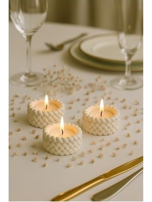 Prime Örgü Desenli 3’lü El Yapımı Mumluk Seti – Tealight Uyumlu Modern & Doğal Dekoratif Aksesuar + Tealight Mum Hediyeli
