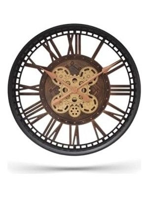 Prime Premium Serisi Antik Eskitme Şeffaf Kadranlı Döner Çarklı 50 Santimetre Ev ve Ofis Duvar Saati, Roma Rakamlı, Siyah